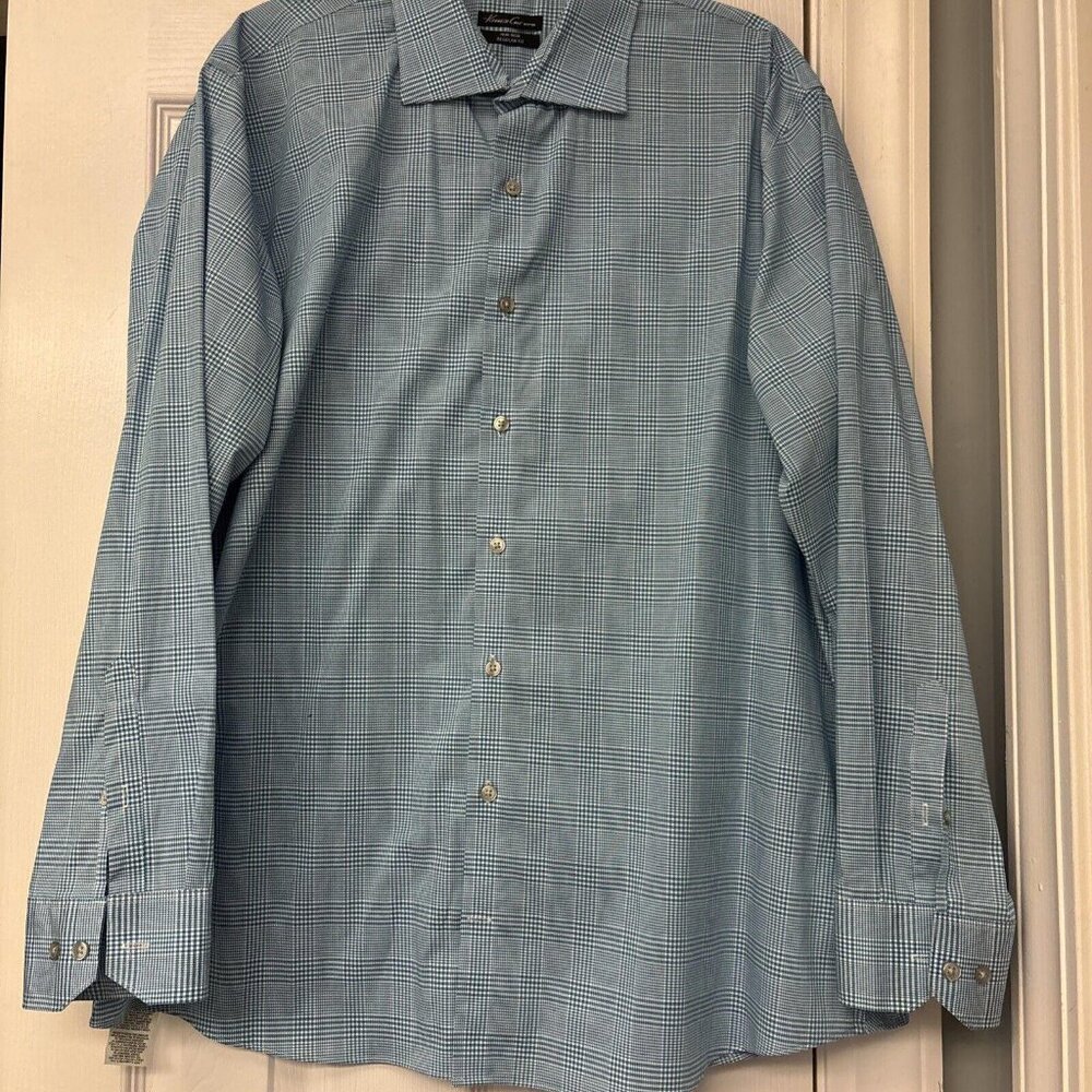 Kenneth Cole Teal Plaid Button Up Shirt Men's 17.5. 34/35. Dress Shirt Non Iron